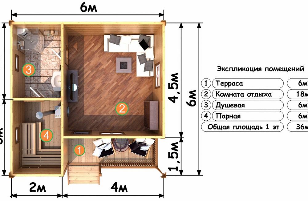Планировка бани парной и комнатой отдыха